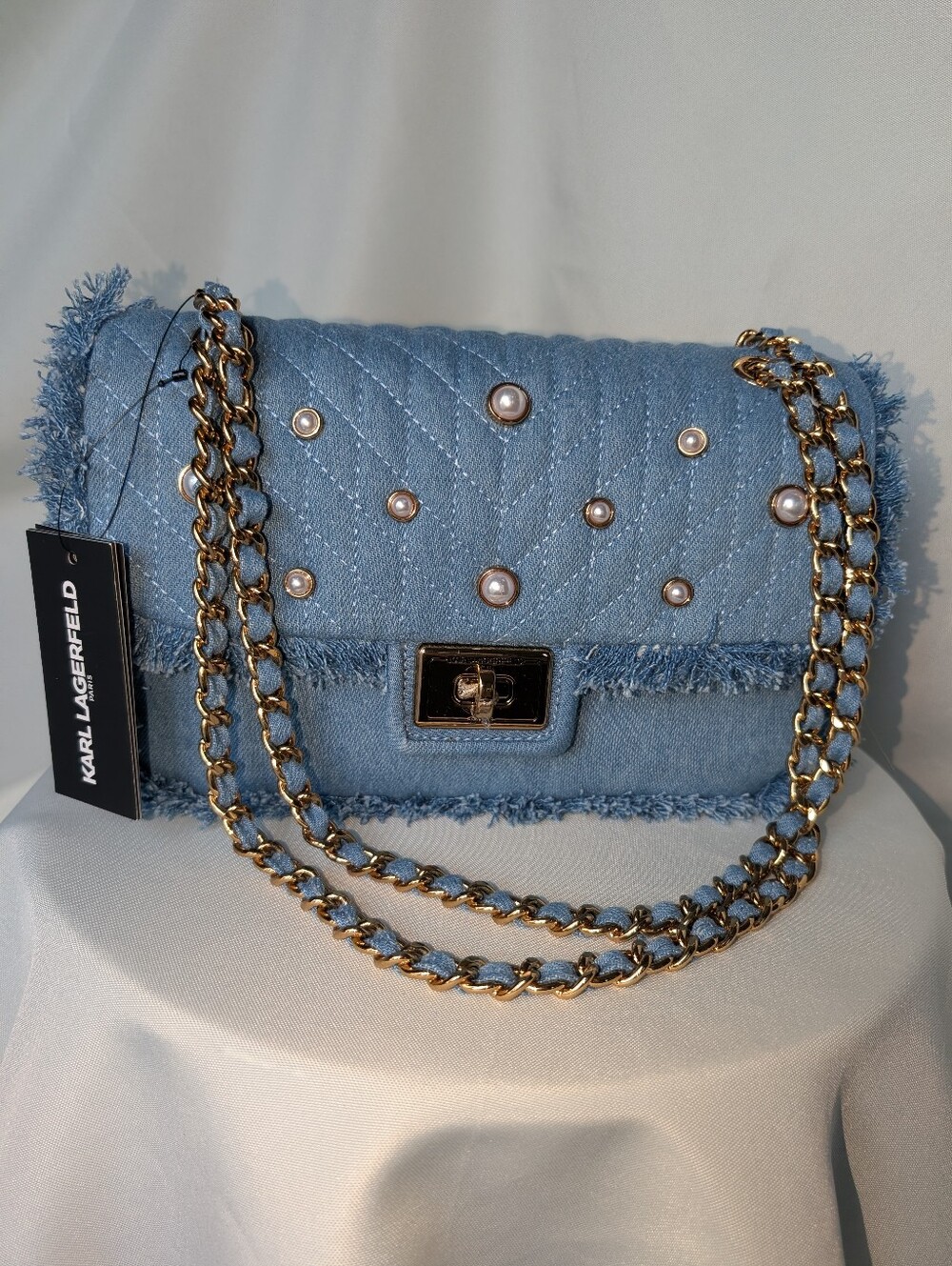NWT Karl Lagerfeld Paris Agyness Quilted Denim Pearl Shoulder Bag